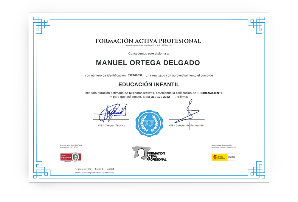 Diploma Acreditativo del Curso Técnico en Educación Infantil